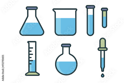 Science lab equipment with blue liquid in various containers illustrating a chemical experiment