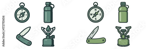 Essential camping gear includes compass, water bottle, knife, and stove for outdoor adventures and exploration