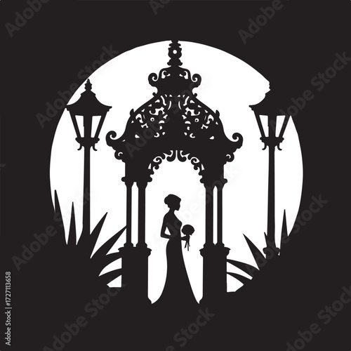 Silhouette bride holding bouquet under ornate gazebo with lampposts