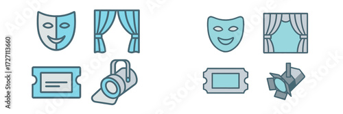 Icons of theater including masks, curtains, stage lights, and tickets representing performance arts