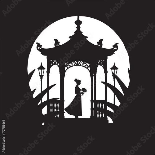 Silhouette bride in gazebo holding bouquet against moon