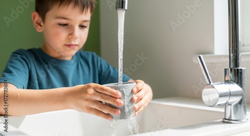 Caucasian boy filling a glass with water at the kitchen sink  