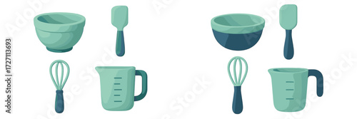 Colorful kitchen utensils in teal and navy for easy cooking and baking activities at home