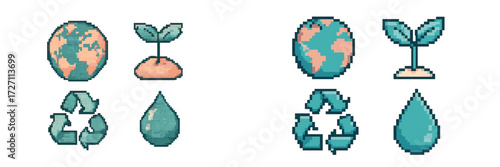 Eco-friendly symbols represent sustainability, nature, and earth conservation efforts in a pixel art style