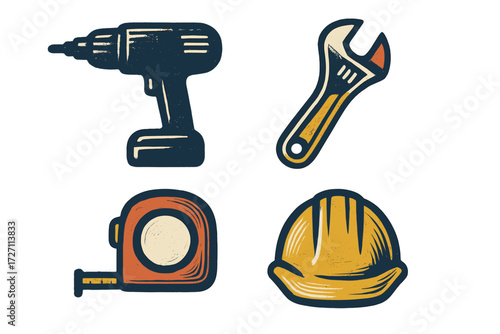 Tools for construction and repair work featuring a drill, wrench, tape measure, and hard hat