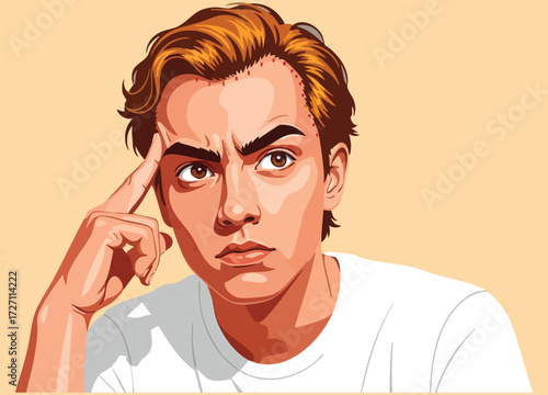 Man with furrowed brow and finger on temple in deep thought illustration