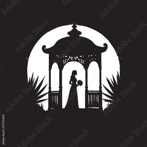 Silhouette bride in gazebo holding bouquet against moon