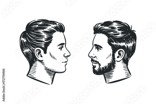 Two men's profiles facing each other in a sketch. Vector hand drawn illustration