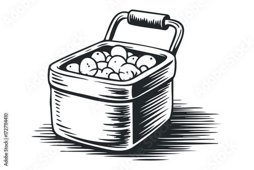 Black and White Basket Full of Round Objects. Vector hand drawn illustration