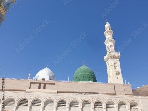 Madina, Saudi Arabia. Aerial view of Masjidil Nabawi at Madinah Al Munawwarah with blurred background. Architecture photography concept design. Prophet Rasul Muhammad SAW Masjid.