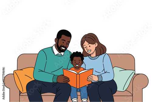 Family reading a book together on the couch, creating a bonding moment and fostering a love for literature and learning isolated on white background vector