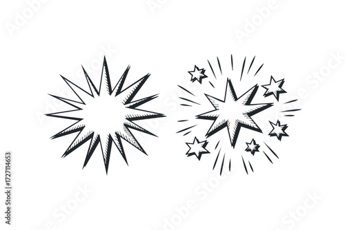 Explosion Starburst Shapes Hand Drawn Effect. Vector hand drawn illustration