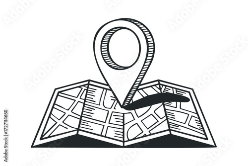 Location pin on folded map sketch. Vector hand drawn illustration