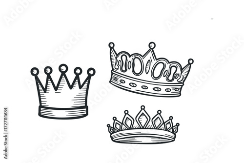 Three regal crowns displayed in a simple ink sketch style. Vector hand drawn illustration