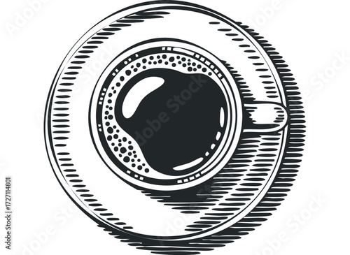 Black ink sketch of coffee cup and saucer overhead view. Vector hand drawn illustration