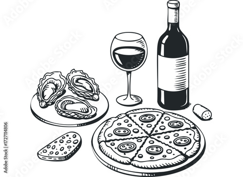 Food assortment with oysters, pizza, and wine bottle. Vector hand drawn illustration