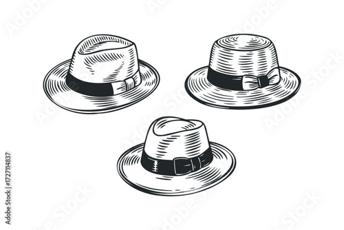 Three Vintage Fedoras Collection. Vector hand drawn illustration