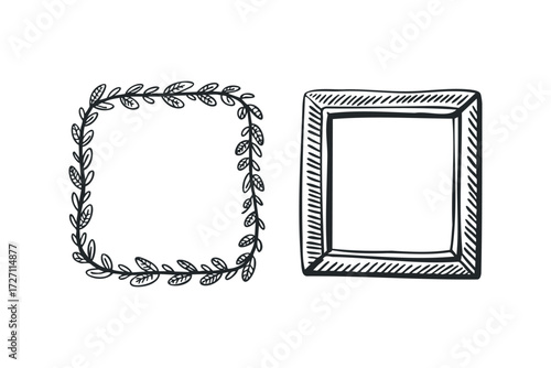 Hand Drawn Ornate Leafy Border and Textured Rectangular Frame. Vector hand drawn illustration