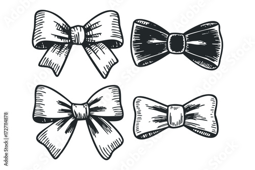 Collection of four hand-drawn bow ties and bows. Vector hand drawn illustration