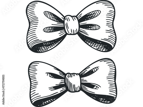 Two Hand Drawn Bow Tie Shapes with Hatching. Vector hand drawn illustration