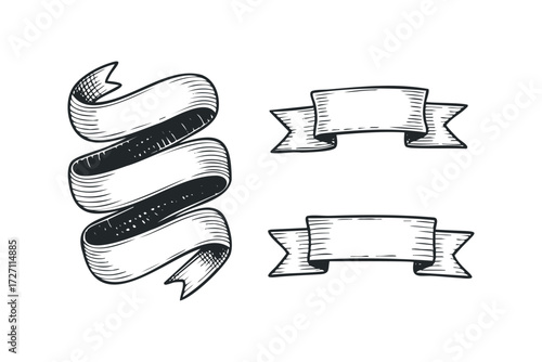 Engraved Ribbon Set. Vector hand drawn illustration