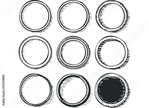 Nine varied circular stamp outlines with textured borders. Vector hand drawn illustration