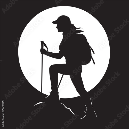 Female Hiker Silhouette Under Full Moon – Minimalist Vector Illustration