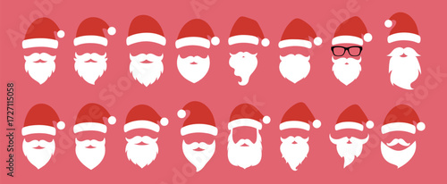 Santa hats and beards, vector Santa Christmas face with hat and festive beard