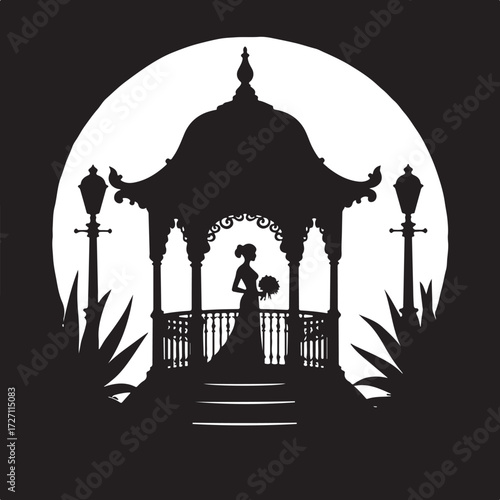 Silhouette bride in gazebo with bouquet and street lamps