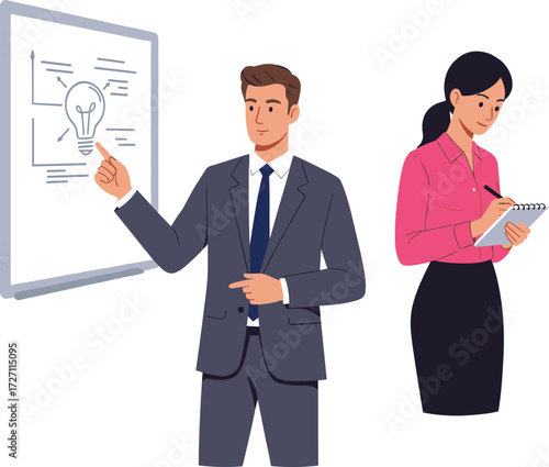Business presentation with man in suit and woman taking notes during office meeting, idea brainstorming, teamwork, collaboration, and strategy planning
