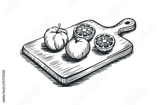 Sketch of citrus fruit on a wooden board. Vector hand drawn illustration