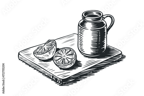 Wood cutting board with pitcher and citrus fruit halves. Vector hand drawn illustration