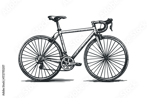 Detailed drawing of a road bicycle with spokes and gears. Vector hand drawn illustration