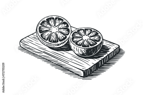 Sliced Citrus Fruit on Wooden Board Graphic. Vector hand drawn illustration