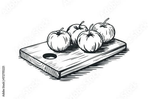 Four apples on a wooden cutting board. Vector hand drawn illustration