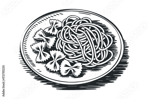 Plate of pasta with bow tie shapes. Vector hand drawn illustration
