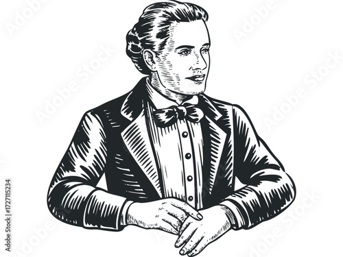 Man in formal attire with bow tie and jacket. Vector hand drawn illustration