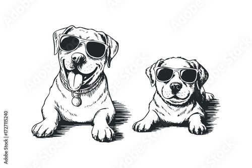 Two Dogs Wearing Sunglasses Relaxing Outdoors. Vector hand drawn illustration