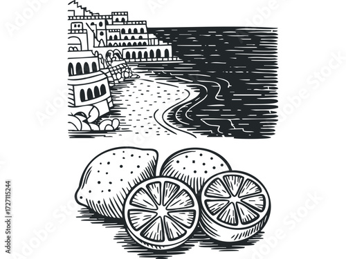 Coastal town scene with lemons and sliced citrus fruit. Vector hand drawn illustration