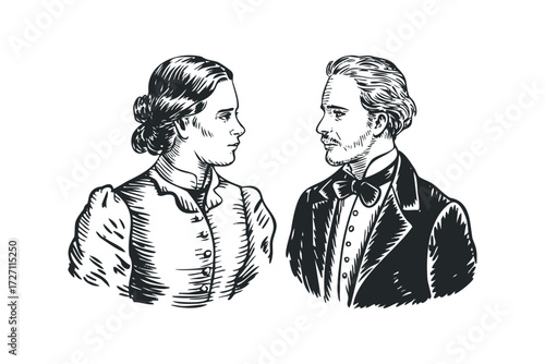 Couple in Vintage Attire Looking at Each Other. Vector hand drawn illustration