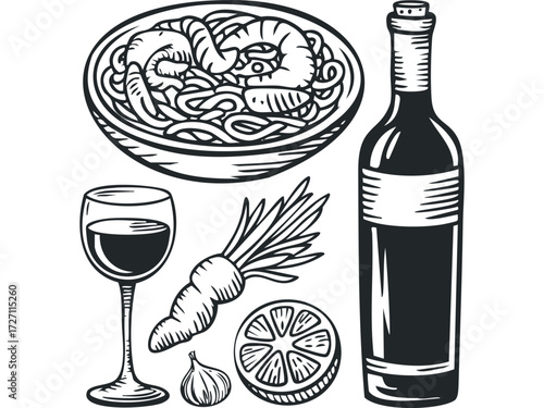 Shrimp Pasta With Wine and Ingredients. Vector hand drawn illustration