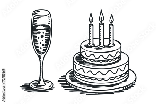 Celebration cake with three lit candles and champagne flute. Vector hand drawn illustration