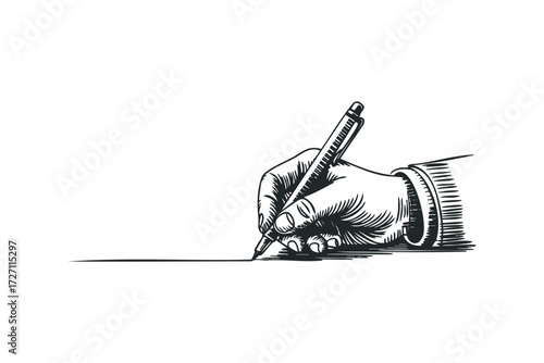 Person's hand with pen writing on white paper. Vector hand drawn illustration
