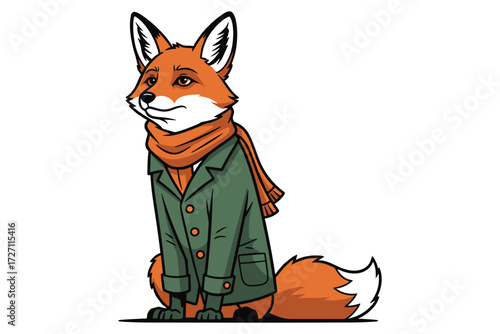 An elegant fox wearing a green coat and scarf isolated on white background, embodying sophistication and charm in a whimsical animal portrait vector
