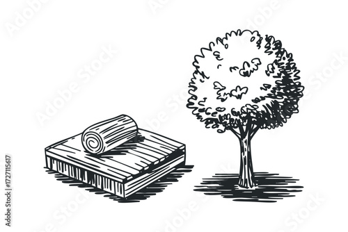 Drawn wooden planks and rolled log next to a stylized tree. Vector hand drawn illustration