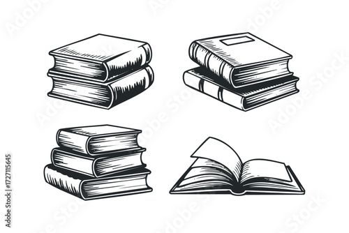 Four Different Book Arrangements Isolated on White. Vector hand drawn illustration
