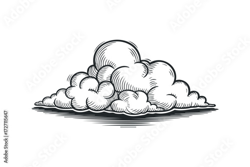 Sketch of fluffy clouds with a sun behind them. Vector hand drawn illustration