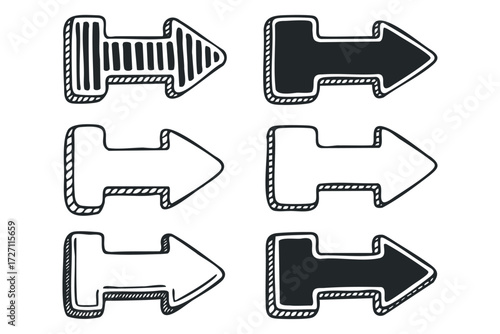 Six hand drawn directional arrows with white and black fills. Vector hand drawn illustration