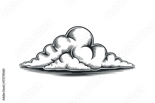 Stylized cloud drawing with hatched shading on white. Vector hand drawn illustration