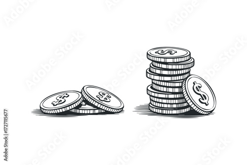 Stack of coins with dollar symbols and scattered coins. Vector hand drawn illustration